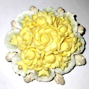 Vtg Sea Shell Yellow Rose Faux Pearl  Flower Pin Brooch